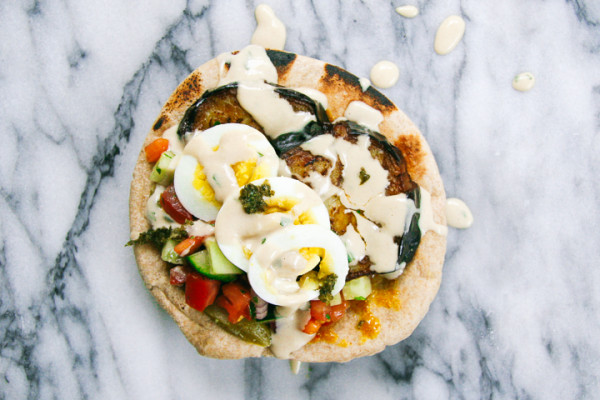 Sabich | Eggplant and Egg Pita Sandwich with Israeli Salad, Pickles, Tahini, Amba, and Schug | I Will Not Eat Oysters