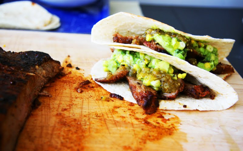 Carne Asada and Grilled Corn Guacamole Tacos