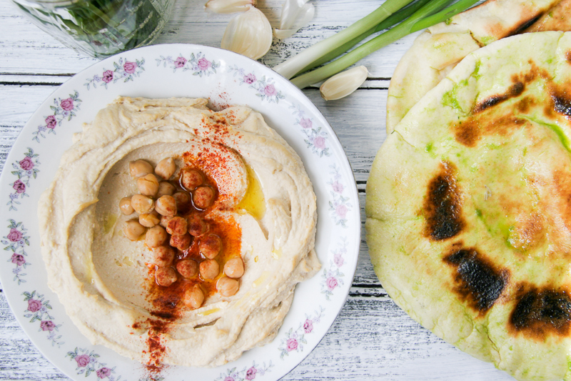 Quick Hummus w/ Green Pitas