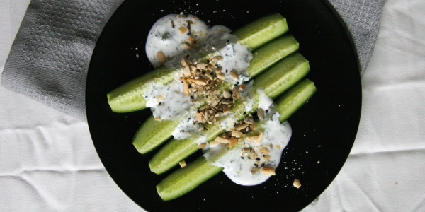 Cucumber Dukkah Snack with herbed yogurt.