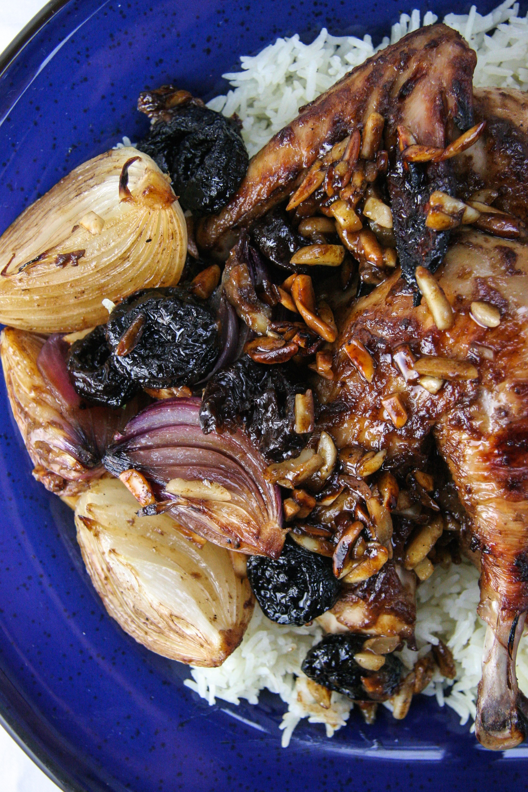 Prune & Almond Roast Chicken with Onions over Basmati Rice | I Will Not Eat Oysters