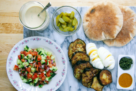 Sabich | Eggplant and Egg Pita Sandwich with Israeli Salad, Pickles, Tahini, Amba, and Schug | I Will Not Eat Oysters