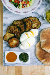 Sabich | Eggplant and Egg Pita Sandwich with Israeli Salad, Pickles, Tahini, Amba, and Schug | I Will Not Eat Oysters