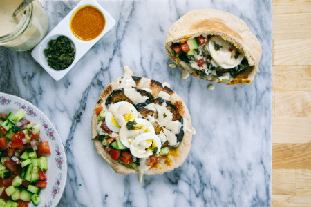 Sabich | Eggplant and Egg Pita Sandwich with Israeli Salad, Pickles, Tahini, Amba, and Schug | I Will Not Eat Oysters