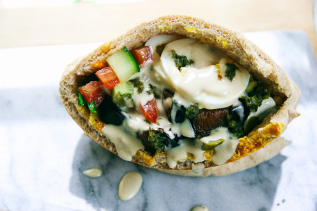 Sabich | Eggplant and Egg Pita Sandwich with Israeli Salad, Pickles, Tahini, Amba, and Schug | I Will Not Eat Oysters