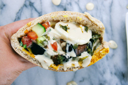 Sabich | Eggplant and Egg Pita Sandwich with Israeli Salad, Pickles, Tahini, Amba, and Schug | I Will Not Eat Oysters