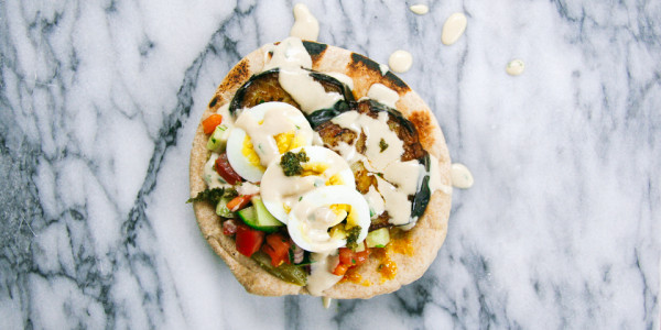 Sabich | Eggplant and Egg Pita Sandwich with Israeli Salad, Pickles, Tahini, Amba, and Schug | I Will Not Eat Oysters