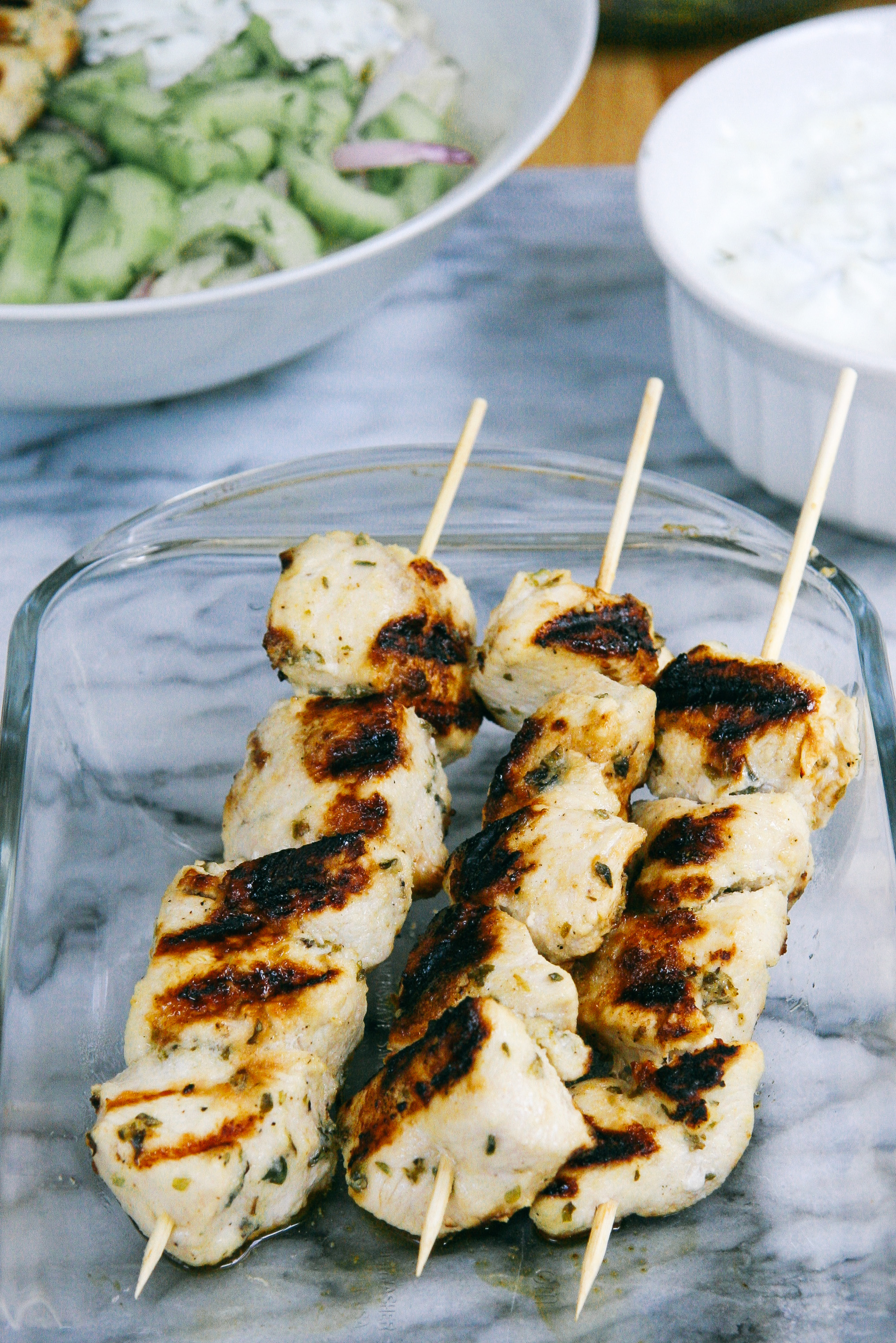 Grilled Chicken Kebab Bowls with Cucumber salad and Tzatziki | I Will Not Eat Oysters