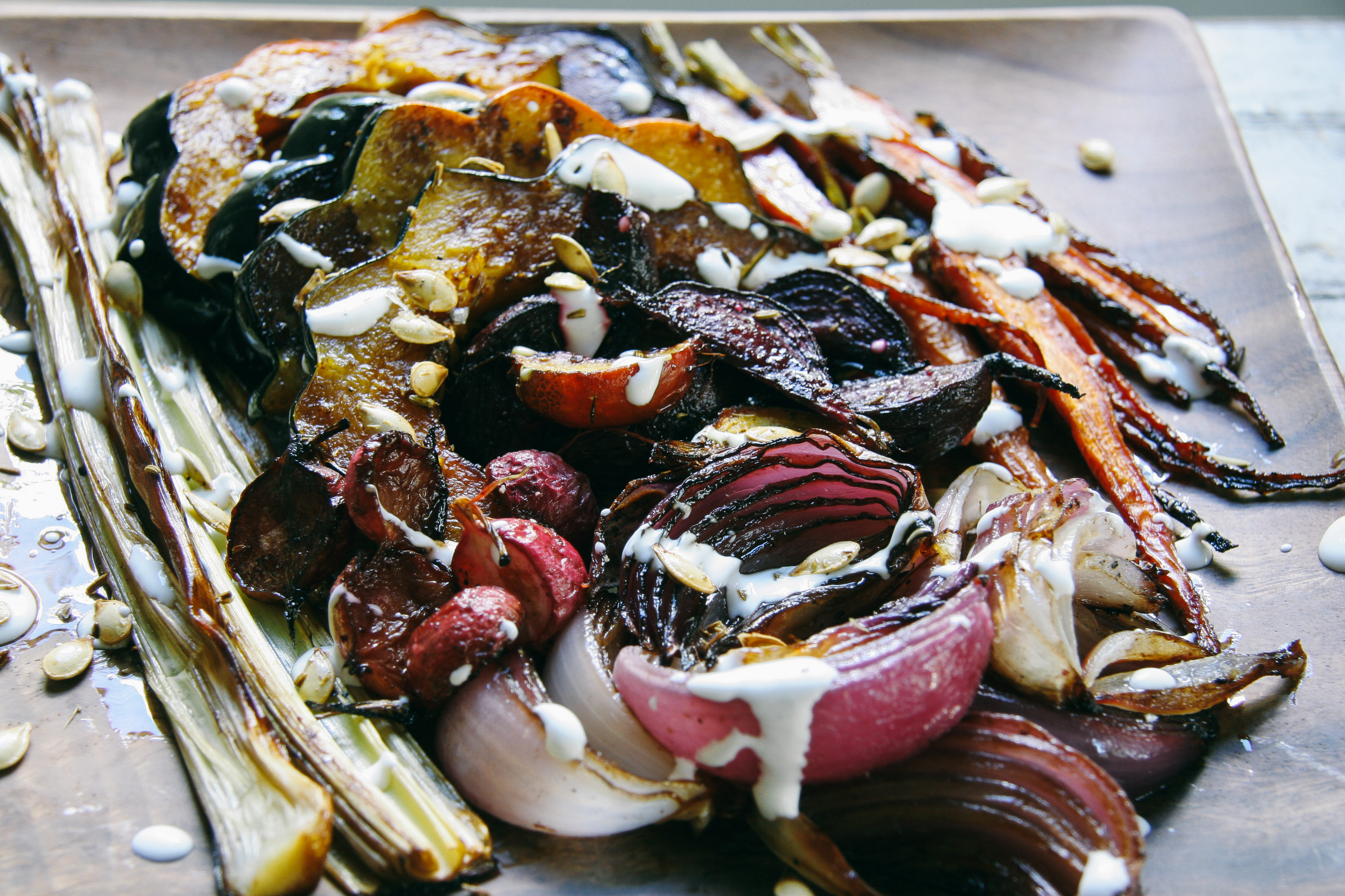 Fall Vegetable Roast with Fennel Squash Seeds & Sour Cream Sauce |I Will Not Eat Oysters