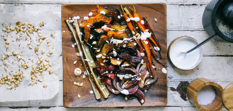 Fall Vegetable Roast with Fennel Squash Seeds & Sour Cream Sauce |I Will Not Eat Oysters