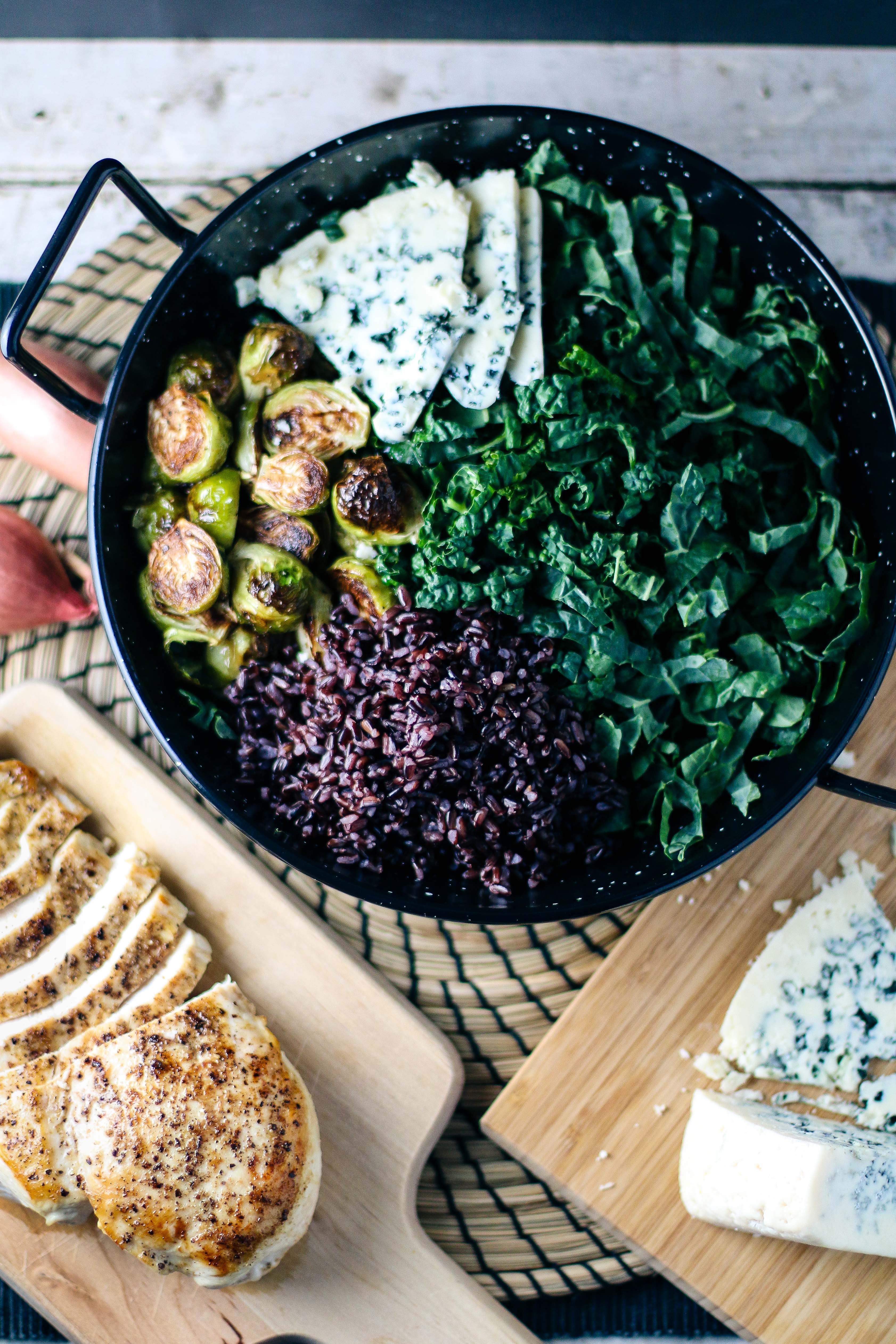 Winter Chicken & Kale Salad with Roasted Brussel Sprouts, Blue Cheese & Wild Rice with Shallot Vinaigrette | I Will Not Eat Oysters