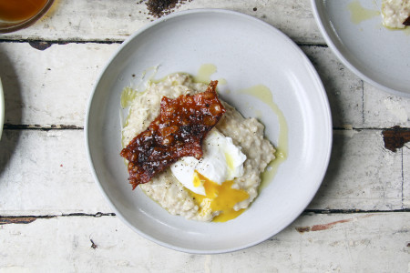 "Bacon" 'n' Eggs Oatmeal | Crispy Smoked Sea Salt & Sorgum Chicken Skin over Cheddar Oatmeal with Poached Egg | I Will Not Eat Oysters