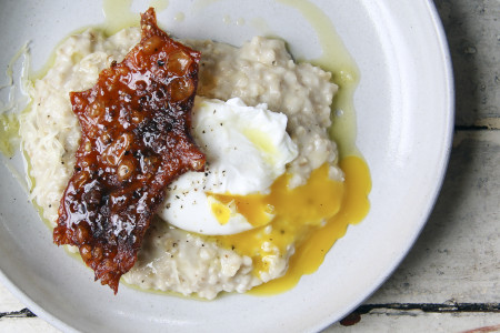 "Bacon" 'n' Eggs Oatmeal | Crispy Smoked Sea Salt & Sorgum Chicken Skin over Cheddar Oatmeal with Poached Egg | I Will Not Eat Oysters