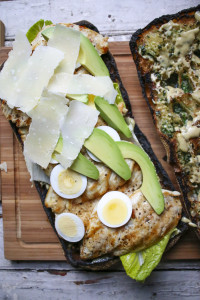 Chicken Caesar Salad Sandwich on Ciabatta Garlic Bread with Homemade Caesar spread, Avocado, Hard boiled eggs, and Shaved Parmesan | I Will Not Eat Oysters