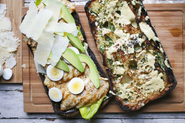 Chicken Caesar Salad Sandwich on Ciabatta Garlic Bread with Homemade Caesar spread, Avocado, Hard boiled eggs, and Shaved Parmesan | I Will Not Eat Oysters