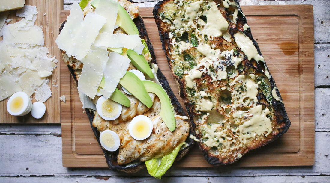 Chicken Caesar Salad Sandwich on Ciabatta Garlic Bread with Homemade Caesar spread, Avocado, Hard boiled eggs, and Shaved Parmesan | I Will Not Eat Oysters