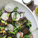 Spring Panzanella Salad with Fava Beans, Asparagus, Grilled Scallions, Radishes, Pea Shoots and Pumpernickel Croutons tossed with a Dill Vinaigrette | I Will Not Eat Oysters