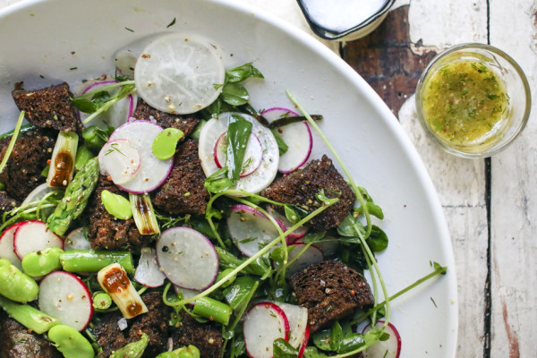 Spring Panzanella Salad with Fava Beans, Asparagus, Grilled Scallions, Radishes, Pea Shoots and Pumpernickel Croutons tossed with a Dill Vinaigrette | I Will Not Eat Oysters