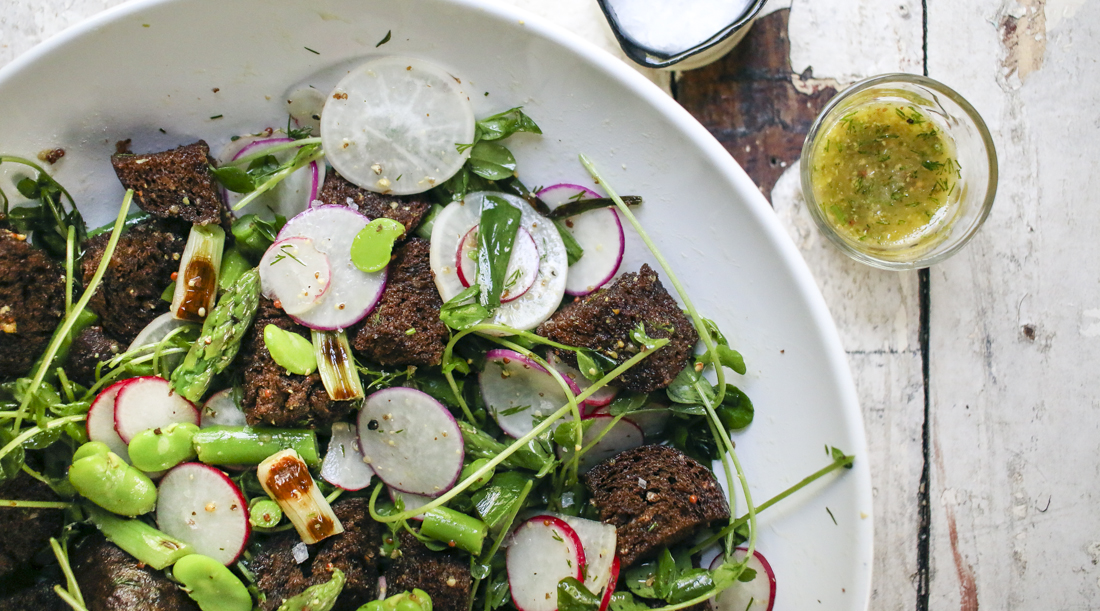 Spring Panzanella Salad with Fava Beans, Asparagus, Grilled Scallions, Radishes, Pea Shoots and Pumpernickel Croutons tossed with a Dill Vinaigrette | I Will Not Eat Oysters