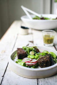 Spring Panzanella Salad with Fava Beans, Asparagus, Grilled Scallions, Radishes, Pea Shoots and Pumpernickel Croutons tossed with a Dill Vinaigrette | I Will Not Eat Oysters