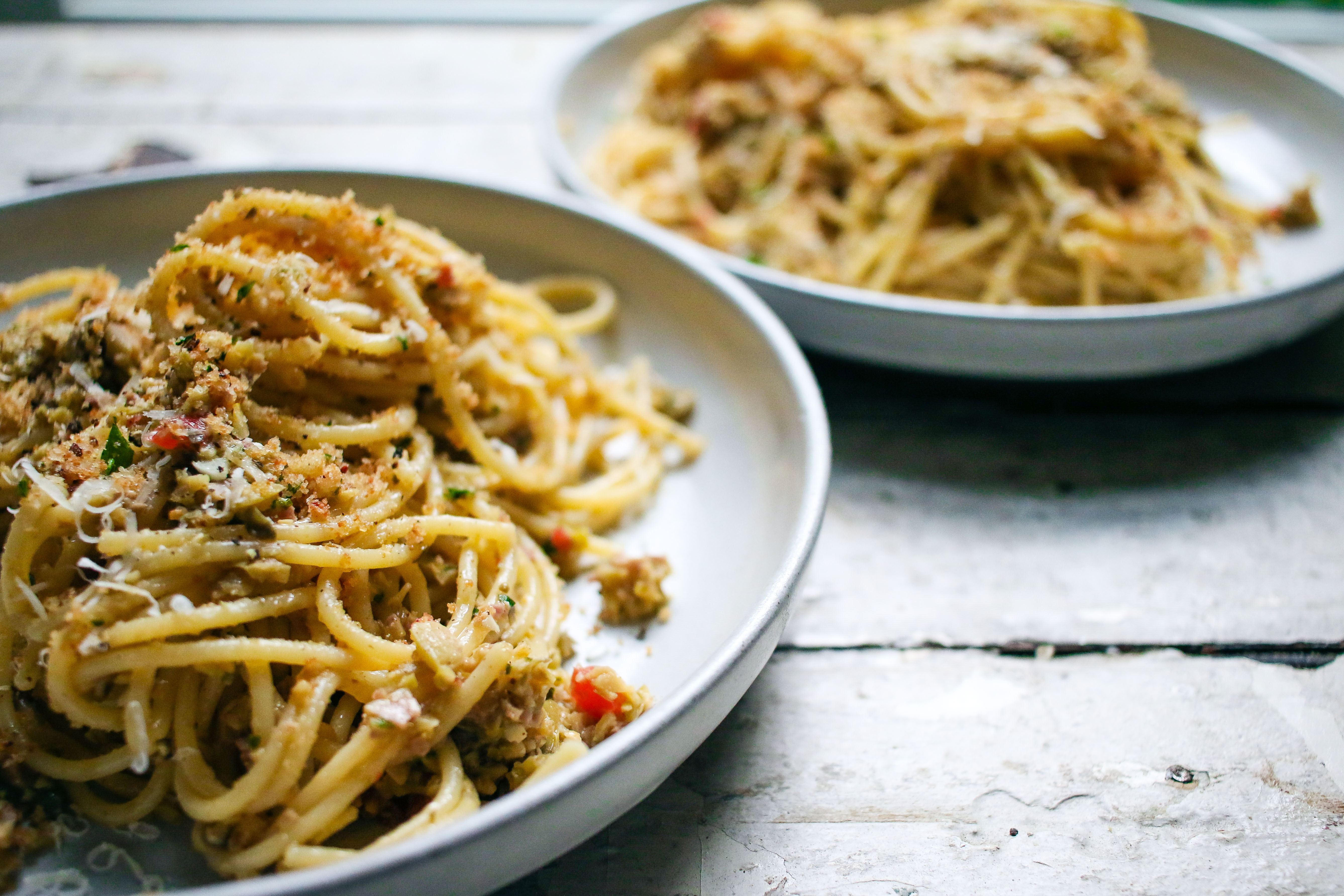 Olive Tapenade Spaghetti with Garlic Breadcrumbs| I Will Not Eat Oysters