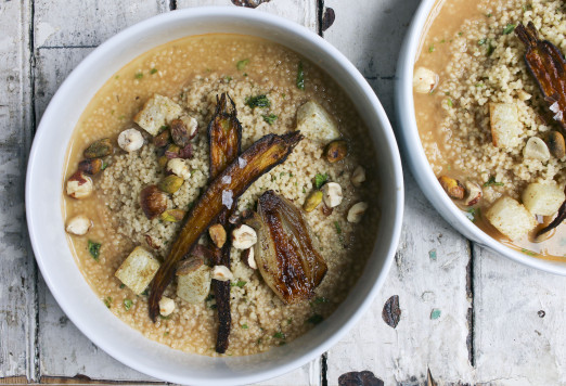 Roasted Fall Vegetable Couscous with Coconut Miso Broth topped with crushed hazelnuts and pistachios | I Will Not Eat Oysters