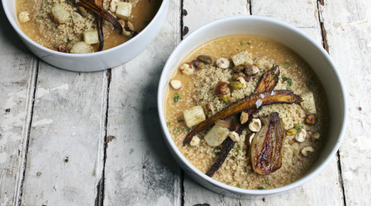 Roasted Fall Vegetable Couscous with Coconut Miso Broth topped with crushed hazelnuts and pistachios | I Will Not Eat Oysters