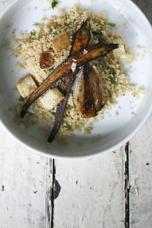 Roasted Fall Vegetable Couscous with Coconut Miso Broth topped with crushed hazelnuts and pistachios | I Will Not Eat Oysters