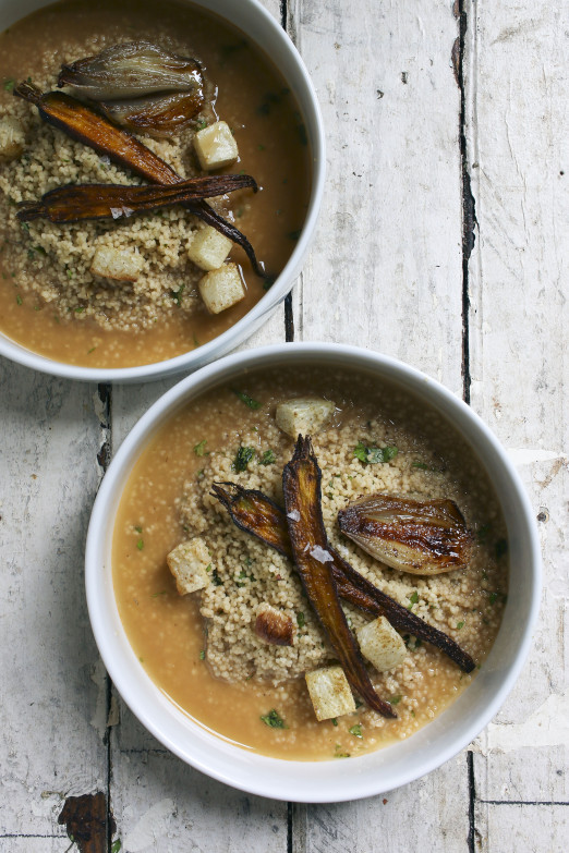 Roasted Fall Vegetable Couscous with Coconut Miso Broth topped with crushed hazelnuts and pistachios | I Will Not Eat Oysters