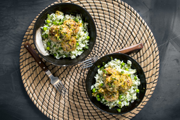 Turkey Leek Meatballs with White Wine Sauce and Dill & Pea Rice | I Will Not Eat Oysters