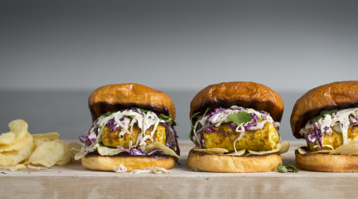 Hawaij Fish Sandwich with Tahini Slaw and Salt & Vinegar Chips on toasted Brioche Bun | I Will Not Eat Oysters