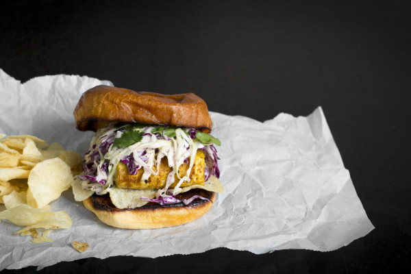 Hawaij Fish Sandwich with Tahini Slaw and Salt & Vinegar Chips on toasted Brioche Bun | I Will Not Eat Oysters