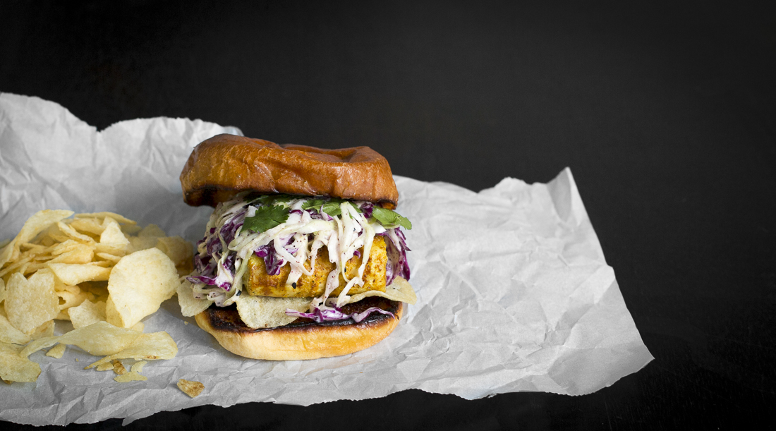 Hawaij Fish Sandwich with Tahini Slaw and Salt & Vinegar Chips on toasted Brioche Bun | I Will Not Eat Oysters