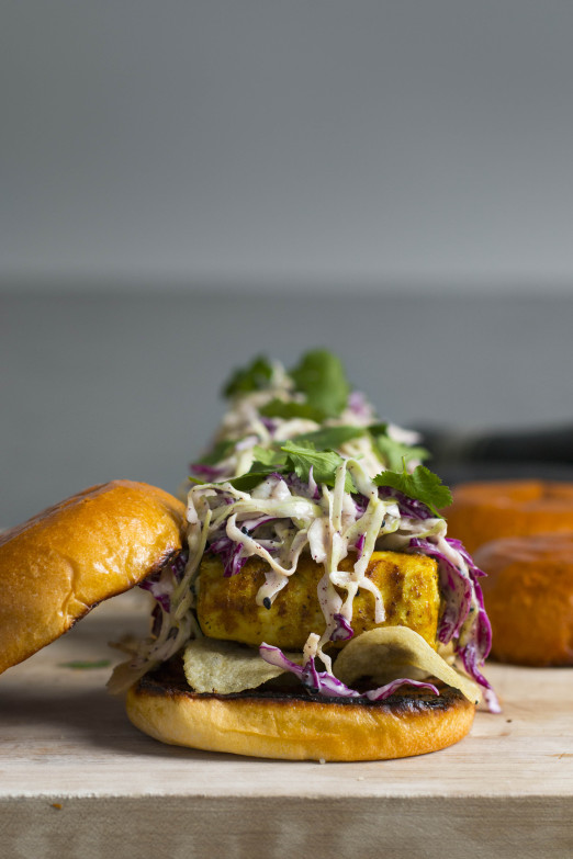 Hawaij Fish Sandwich with Tahini Slaw and Salt & Vinegar Chips on toasted Brioche Bun | I Will Not Eat Oysters