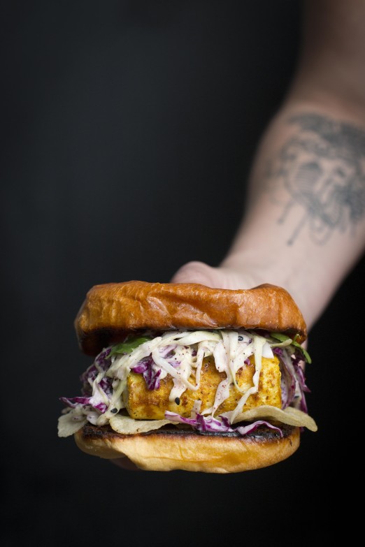 Hawaij Fish Sandwich with Tahini Slaw and Salt & Vinegar Chips on toasted Brioche Bun | I Will Not Eat Oysters