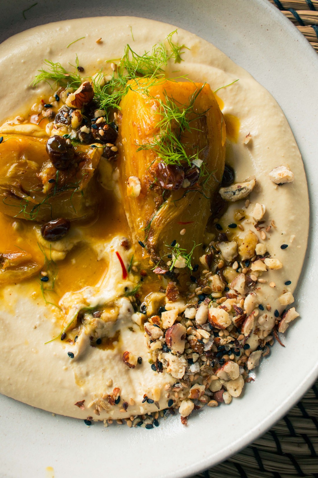 Braised Fennel with Saffron and Raisins over Hummus with Dukkah | Recipe from I Will Not Eat Oysters