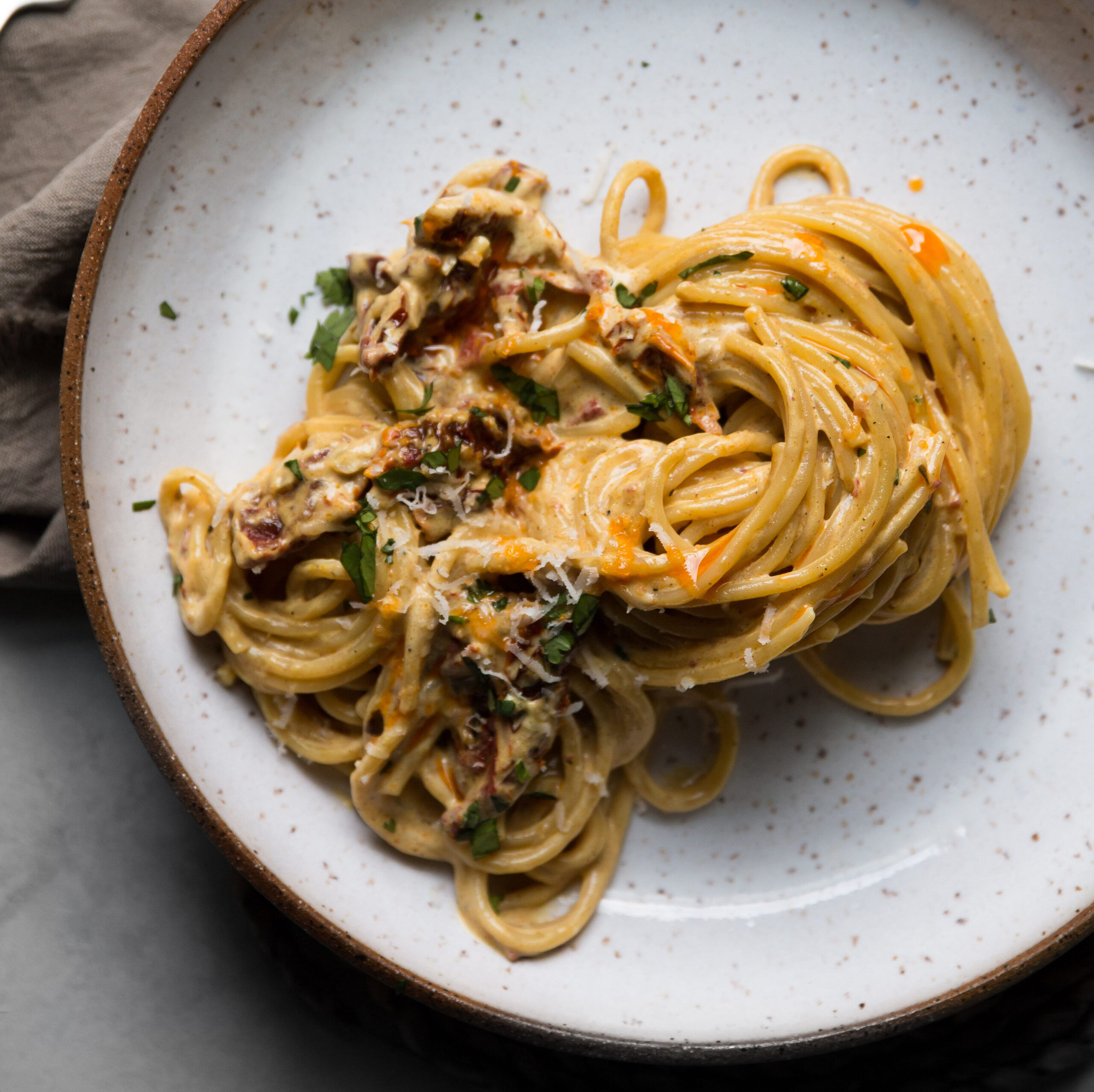 Spaghetti with Coconut Milk, Curry, and Sun-dried Tomatoes | Recipe from Danielle at I Will Not Eat Oysters