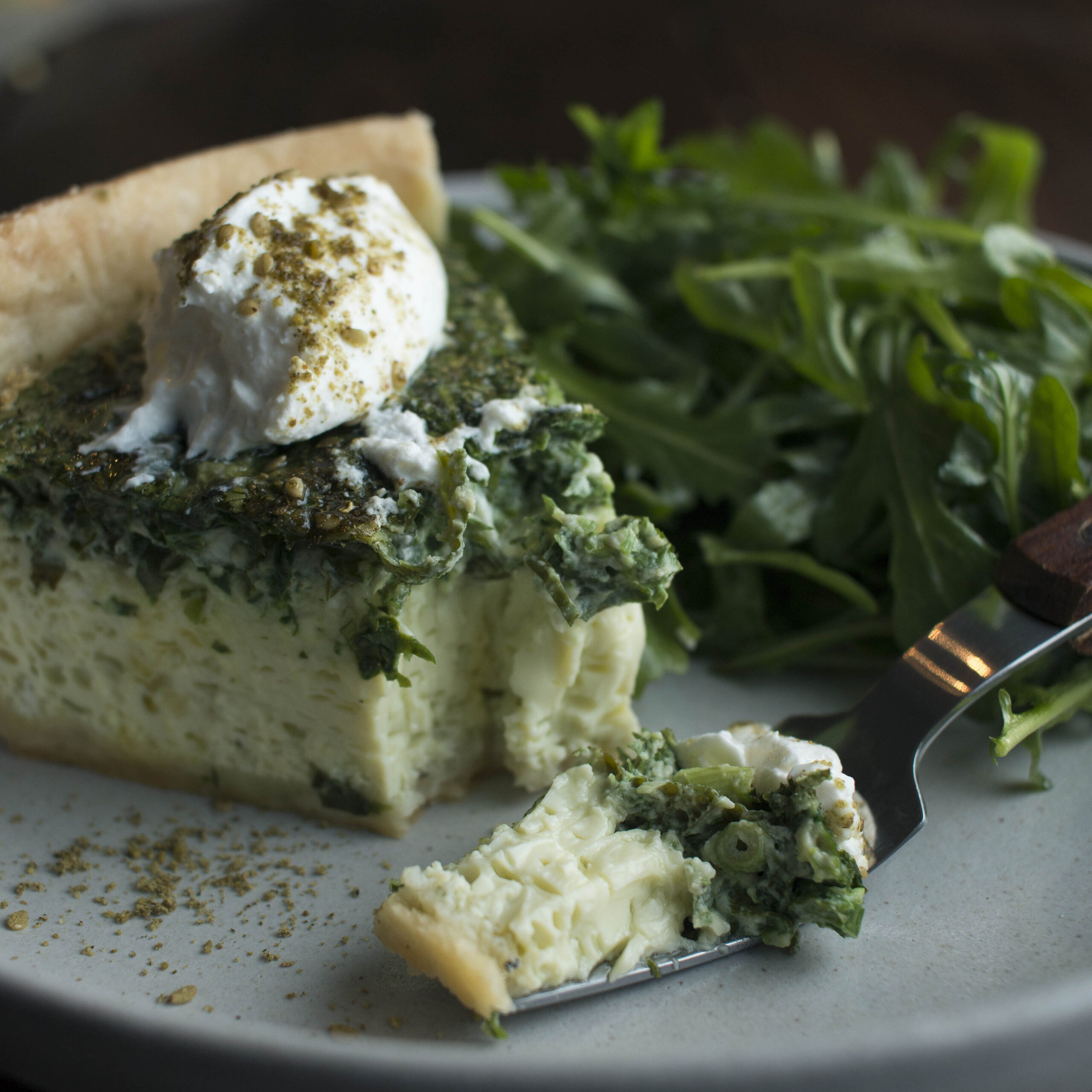 Ejjeh Quiche made with cialntro, mint, and parsley topped with labne & za'atar | I Will Not Eat Oysters
