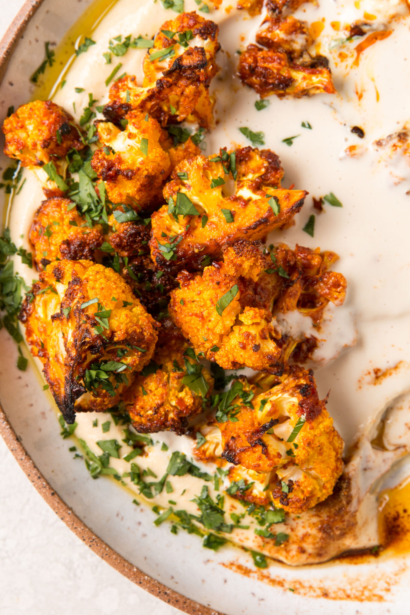 Harissa Roasted Cauliflower on Hummus with Tahini Sauce I Will Not