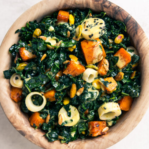 Kale Salad with Smokey Sweet Potatoes and Turmeric Tahini Dressing