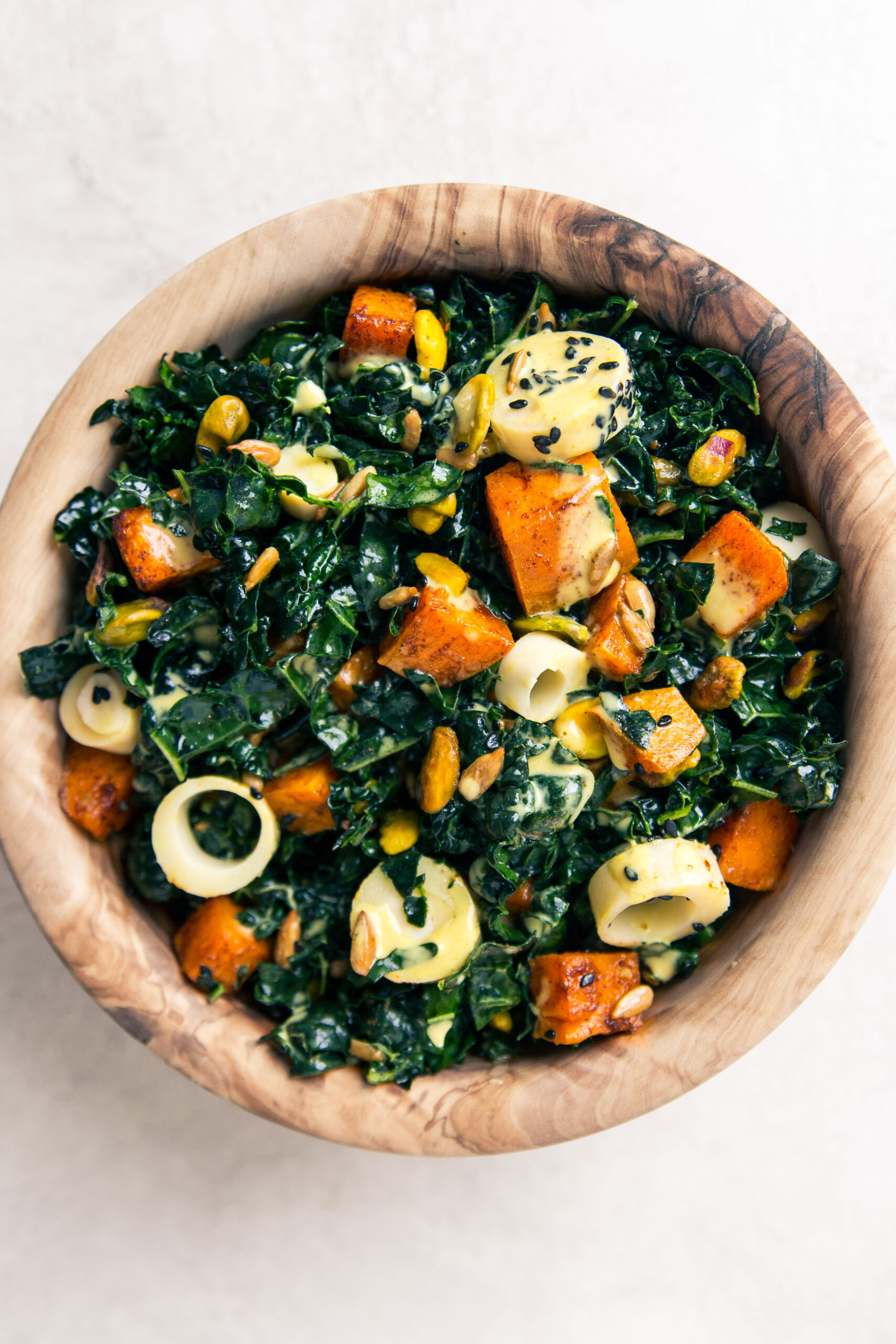 Kale Salad with Smokey Sweet Potatoes and Turmeric Tahini Dressing